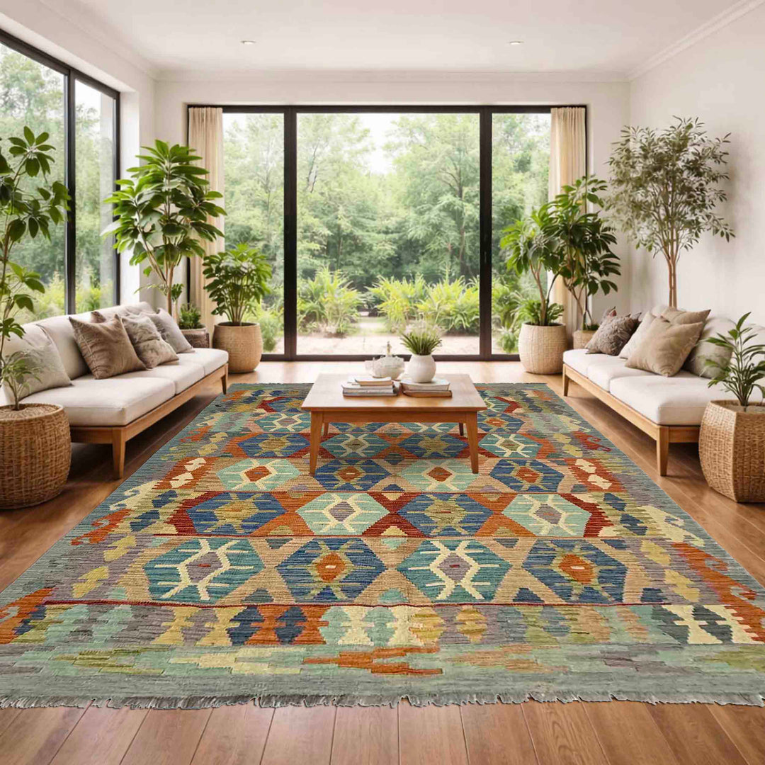 Afghan Vegetable Kilim Rug 5' 10" x 8' 2" Flat-Weave reverse