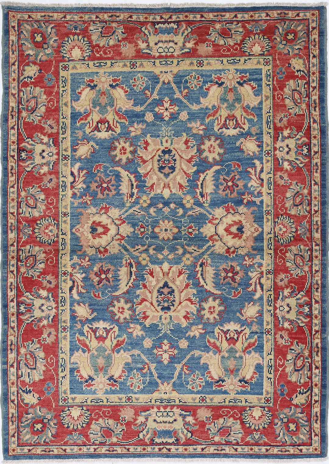 Blue Afghan Ziegler Rug 4' 2" x 5' 11" Hand-Knotted