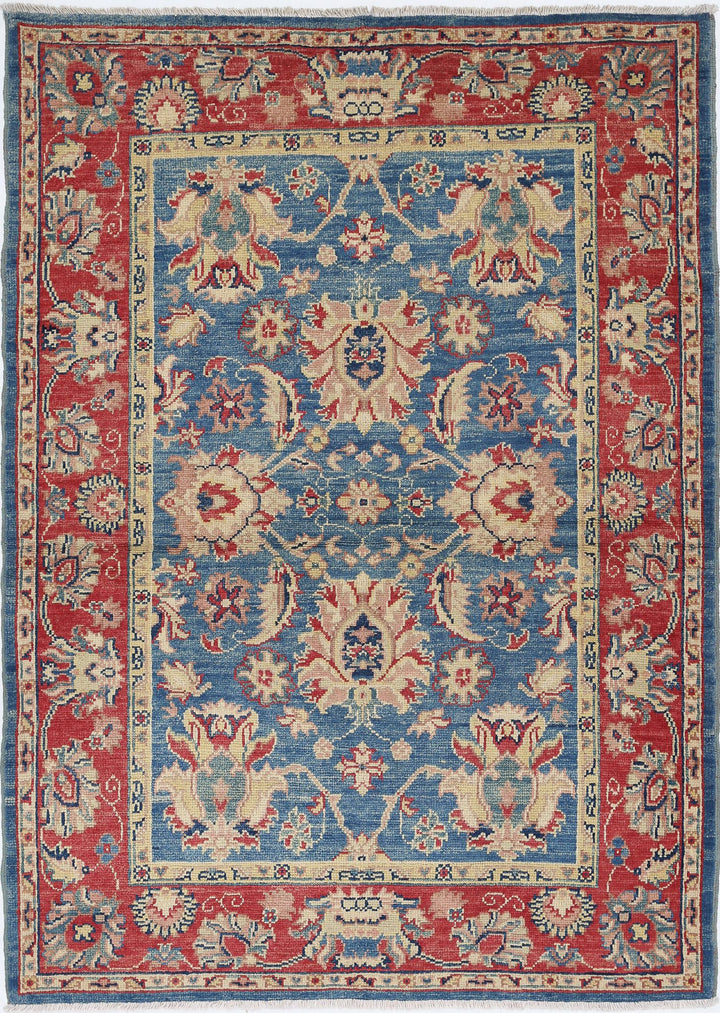 Blue Afghan Ziegler Rug 4' 2" x 5' 11" Hand-Knotted