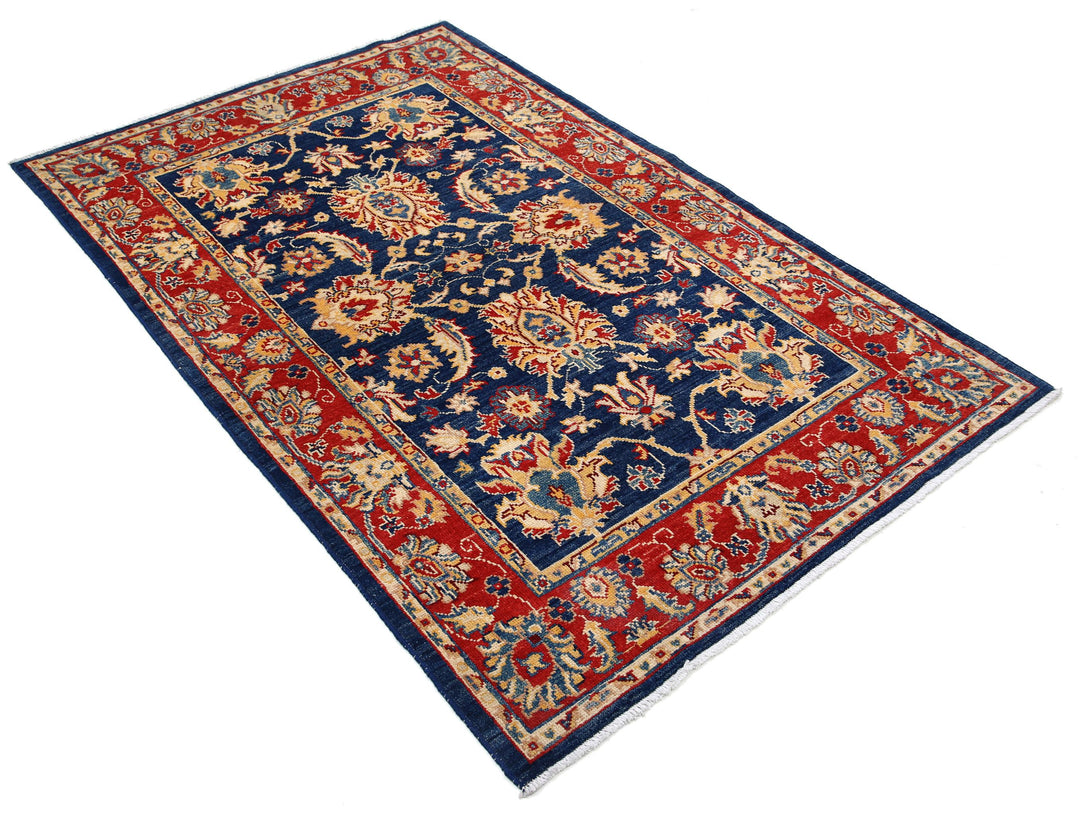 Blue Afghan Ziegler Rug 4' 0" x 6' 0" Hand-Knotted close-up