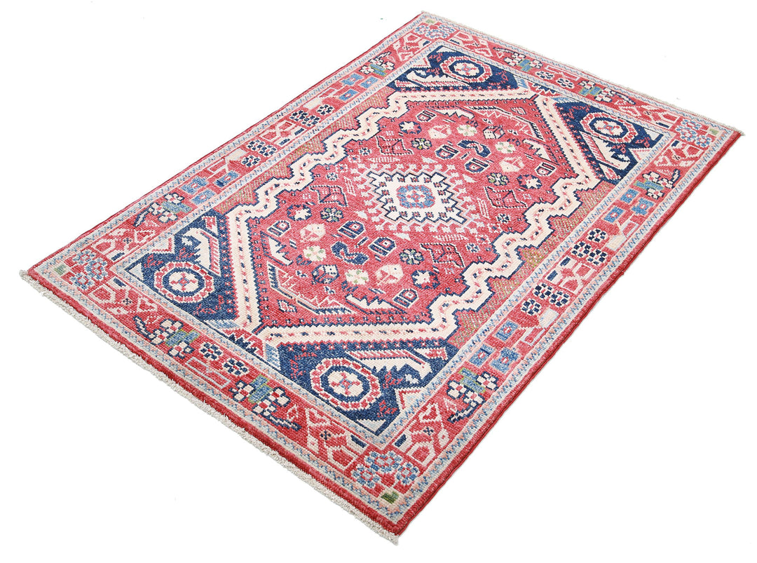 Red Afghan Ziegler Rug 3' 3" x 4' 1" Hand-Knotted close-up