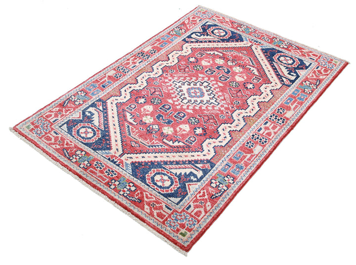 Red Afghan Ziegler Rug 3' 3" x 4' 1" Hand-Knotted close-up