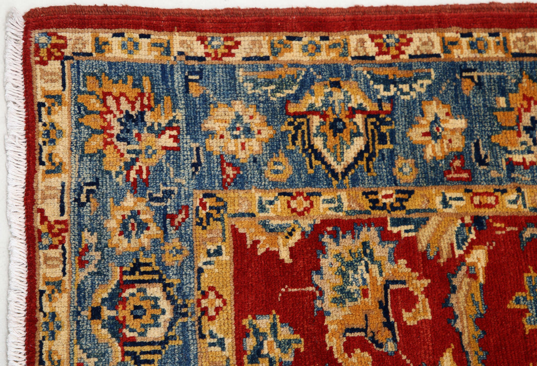 Red Afghan Ziegler Rug 3' 4" x 4' 9" Hand-Knotted border
