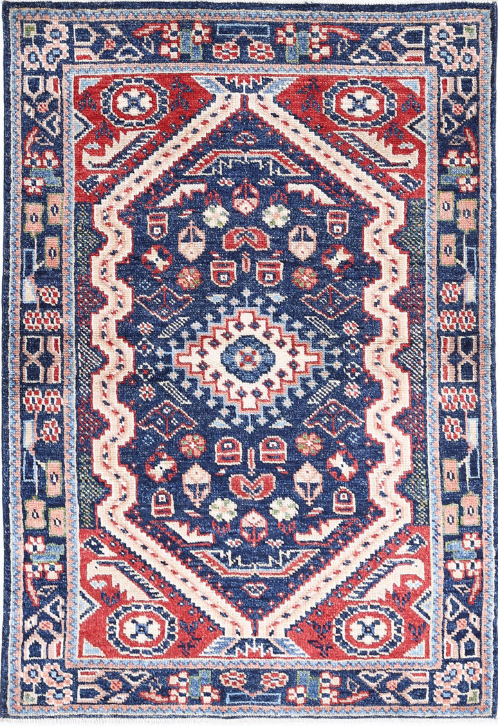 Blue Afghan Ziegler Rug 3' 3" x 4' 10" Hand-Knotted