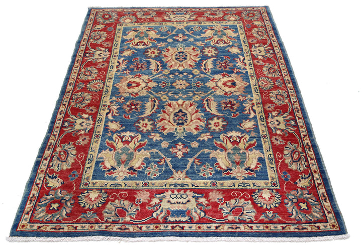 Blue Afghan Ziegler Rug 4' 2" x 5' 11" Hand-Knotted field