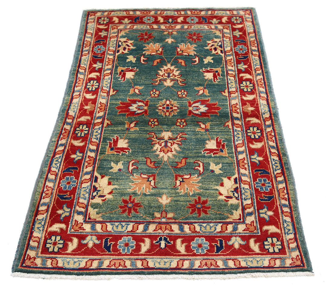 Green Afghan Ziegler Rug 3' 0" x 4' 10" Hand-Knotted close-up