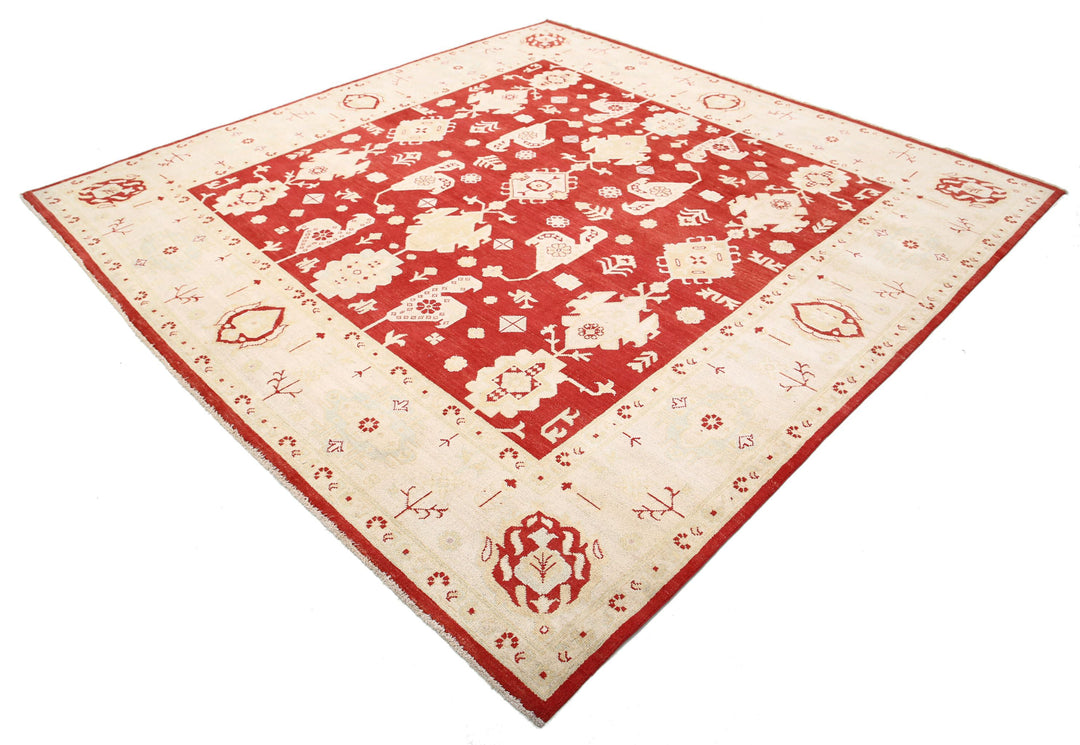 Red Afghan Ziegler Rug 9' 0" x 9' 3" Hand-Knotted detail