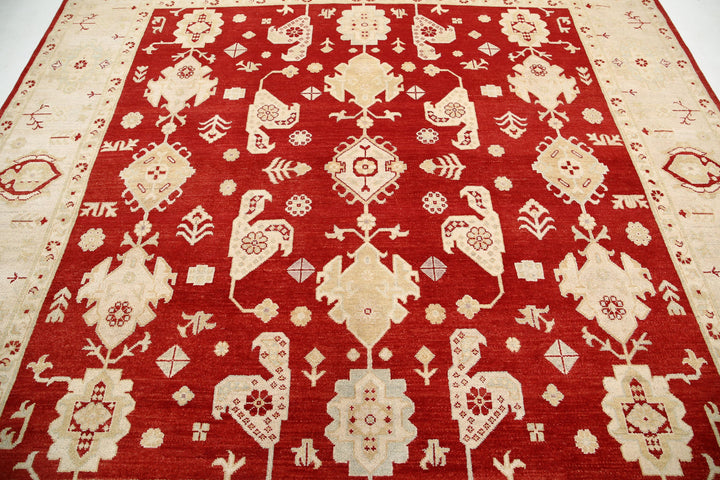 Red Afghan Ziegler Rug 9' 0" x 9' 3" Hand-Knotted border