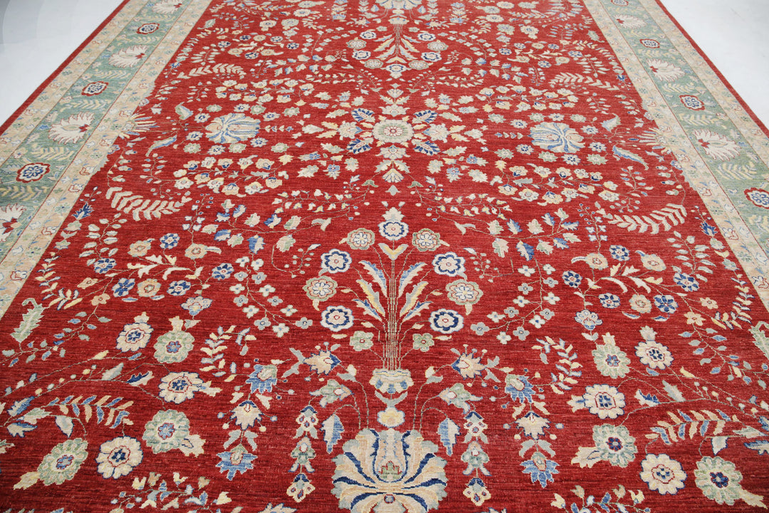 Red Afghan Ziegler Rug 11' 8" x 14' 7" Hand-Knotted | No. AT59506