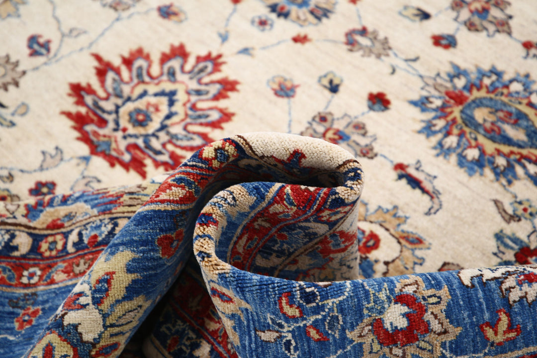 Ivory Afghan Ziegler Rug 8' 1" x 9' 3" Hand-Knotted reverse