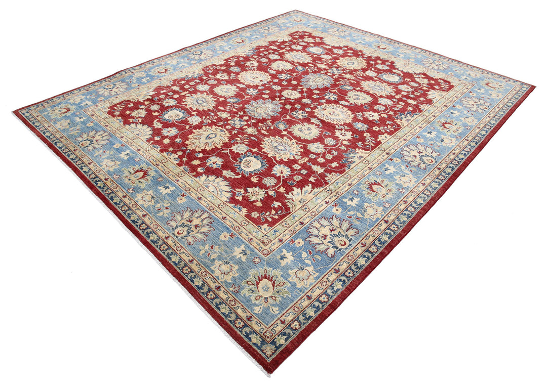 Red Afghan Ziegler Rug 8' 1" x 9' 5" Hand-Knotted close-up
