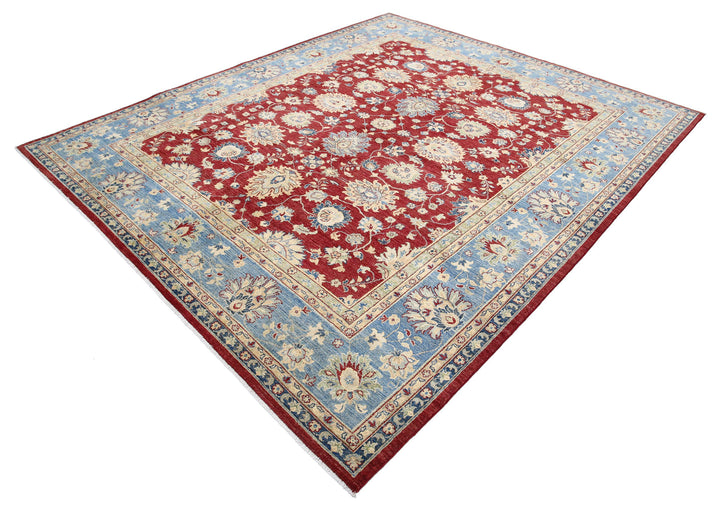 Red Afghan Ziegler Rug 8' 1" x 9' 5" Hand-Knotted close-up