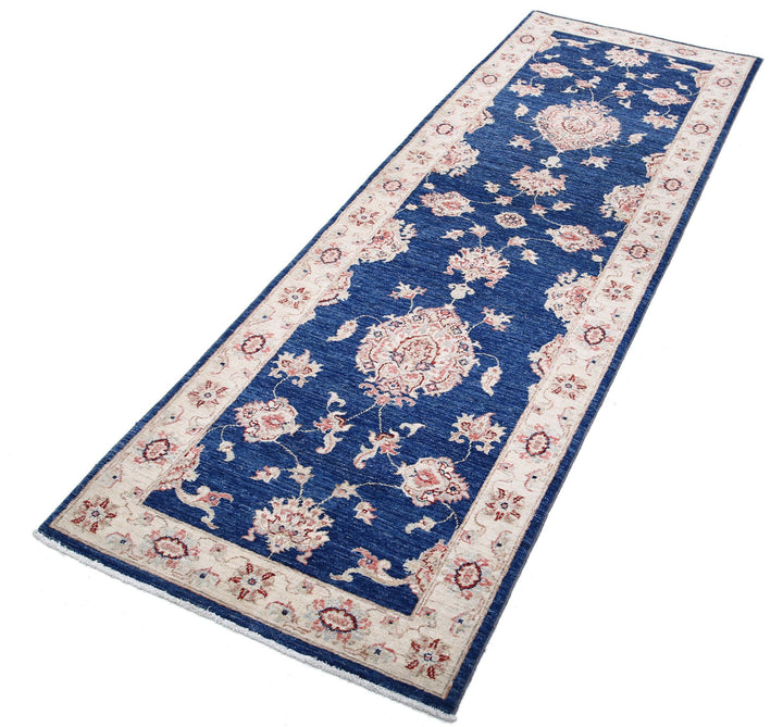 Blue Afghan Ziegler Rug 2' 8" x 8' 2" Hand-Knotted close-up