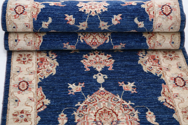 Blue Afghan Ziegler Rug 2' 8" x 8' 2" Hand-Knotted field