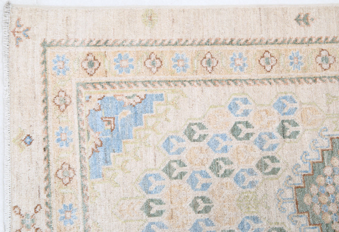 Ivory Afghan Ziegler Rug 2' 7" x 7' 11" Hand-Knotted border