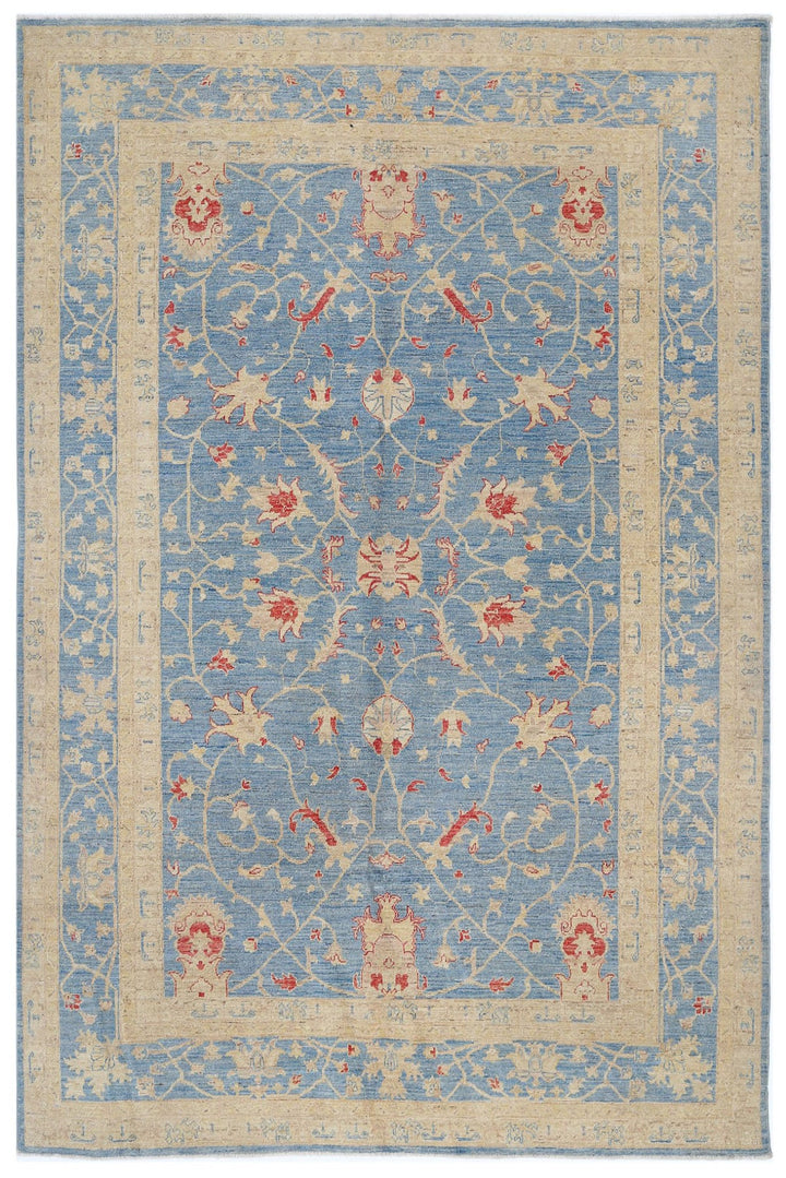 Blue Afghan Ziegler Rug 6' 3" x 9' 6" Hand-Knotted