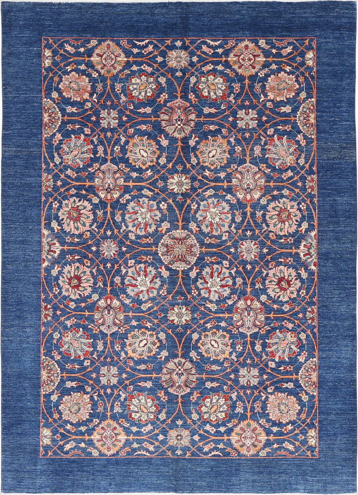 Blue Afghan Ziegler Rug 6' 10" x 9' 3" Hand-Knotted