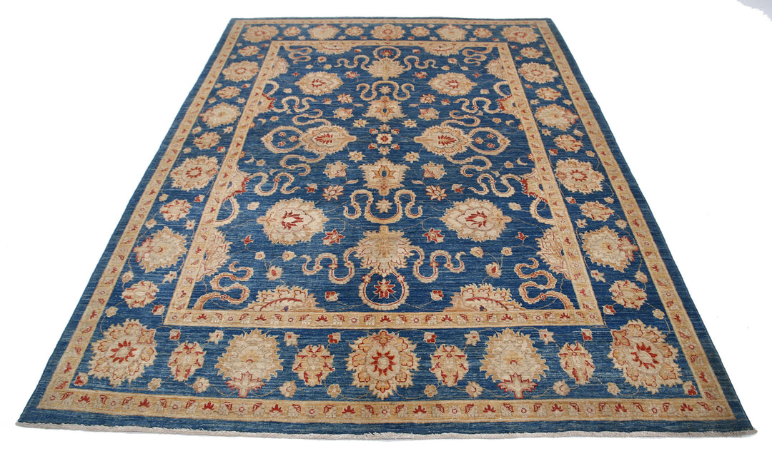 Blue Afghan Ziegler Rug 6' 3" x 8' 4" Hand-Knotted | No. AT18185