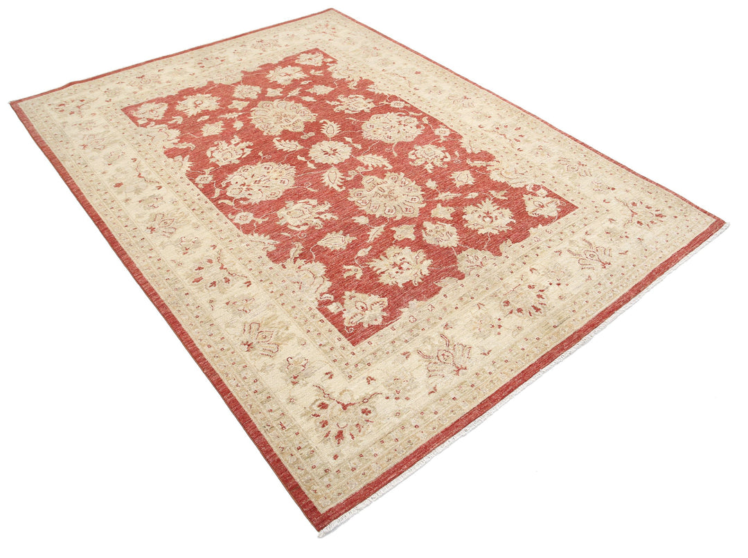 Red Afghan Ziegler Rug 5' 7" x 7' 5" Hand-Knotted texture