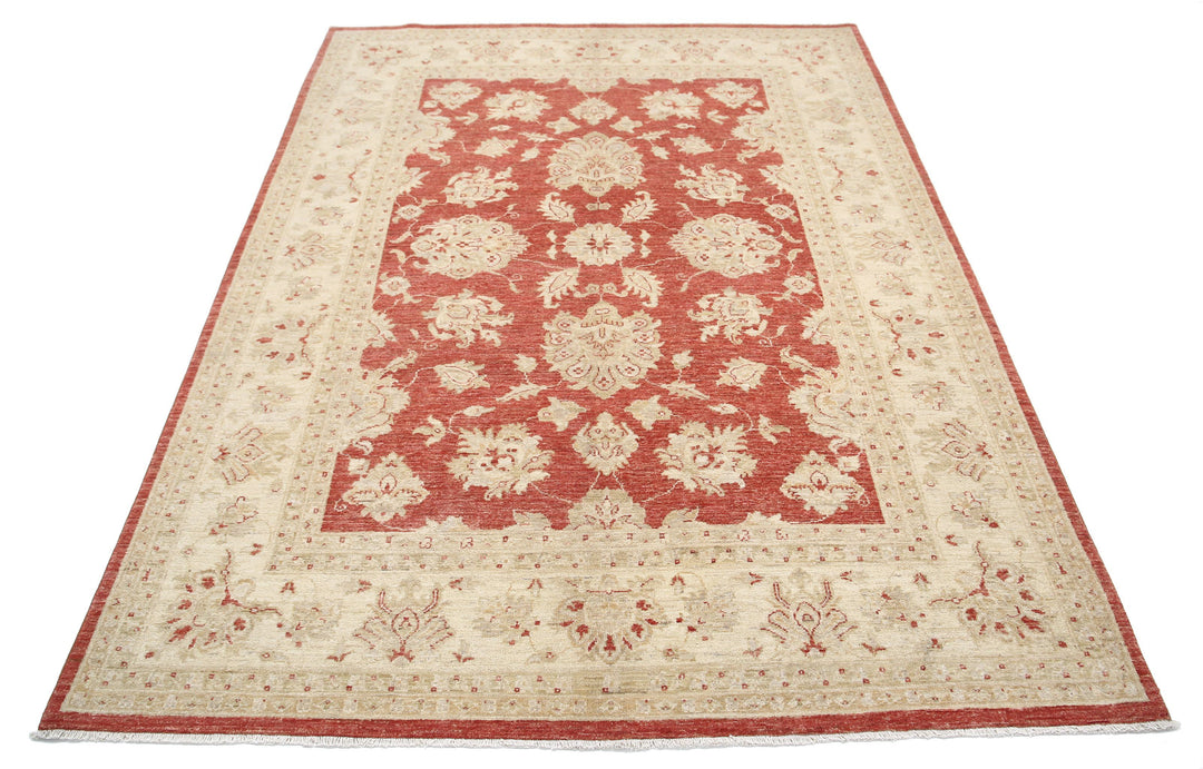Red Afghan Ziegler Rug 5' 7" x 7' 5" Hand-Knotted border