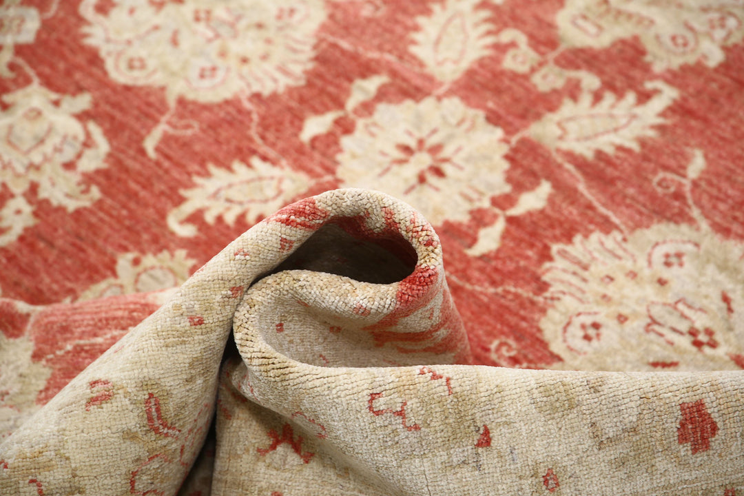 Red Afghan Ziegler Rug 5' 7" x 7' 5" Hand-Knotted close-up
