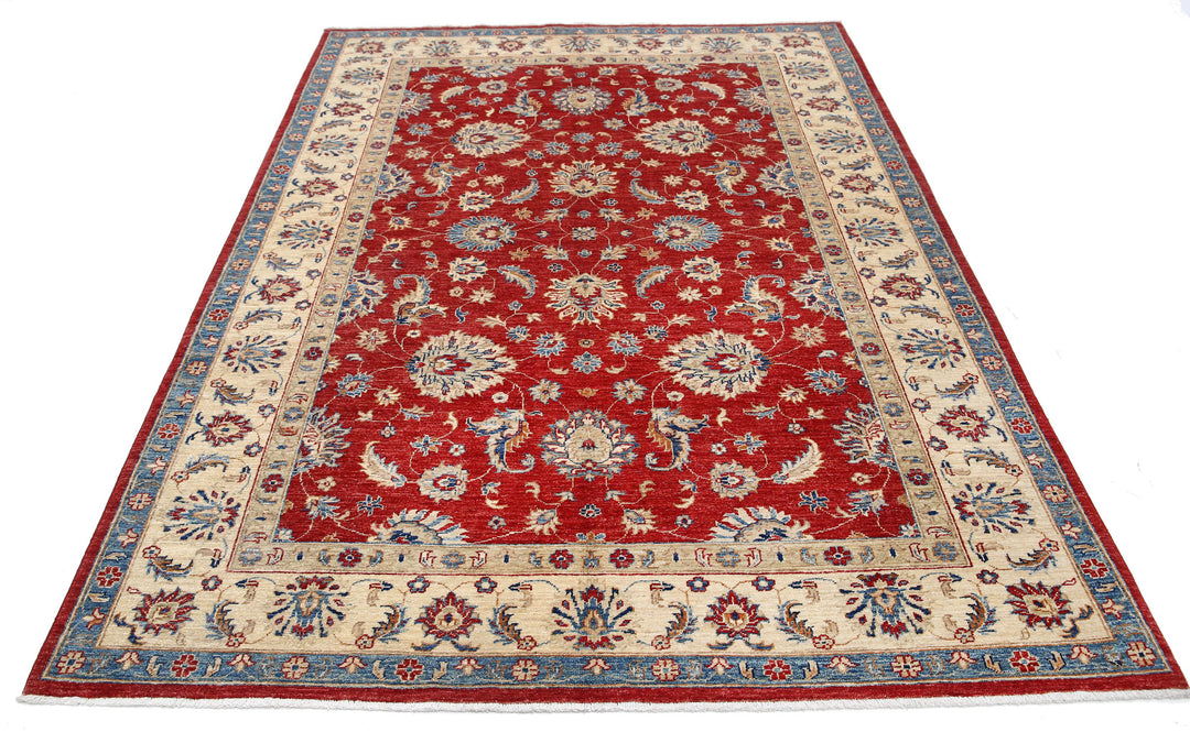 Red Afghan Ziegler Rug 5'8" x 8'0" Hand-Knotted border