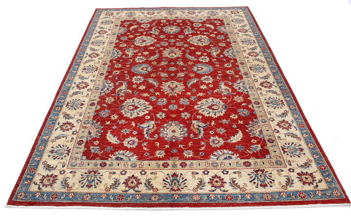 Red Afghan Ziegler Rug 5'8" x 8'0" Hand-Knotted border