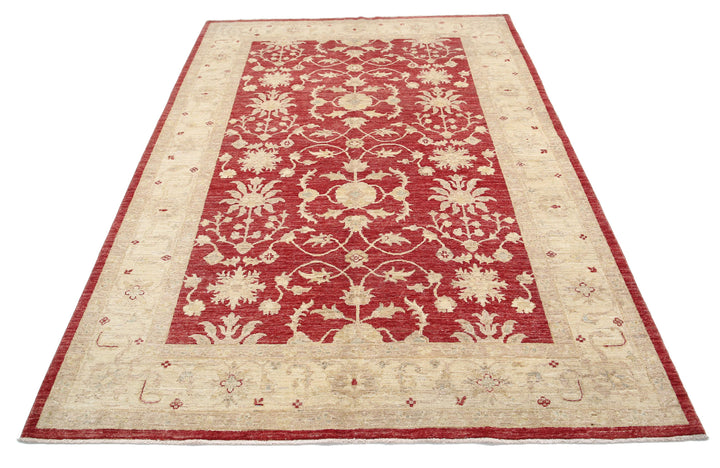Red Afghan Ziegler Rug 5' 8" x 7' 10" Hand-Knotted texture