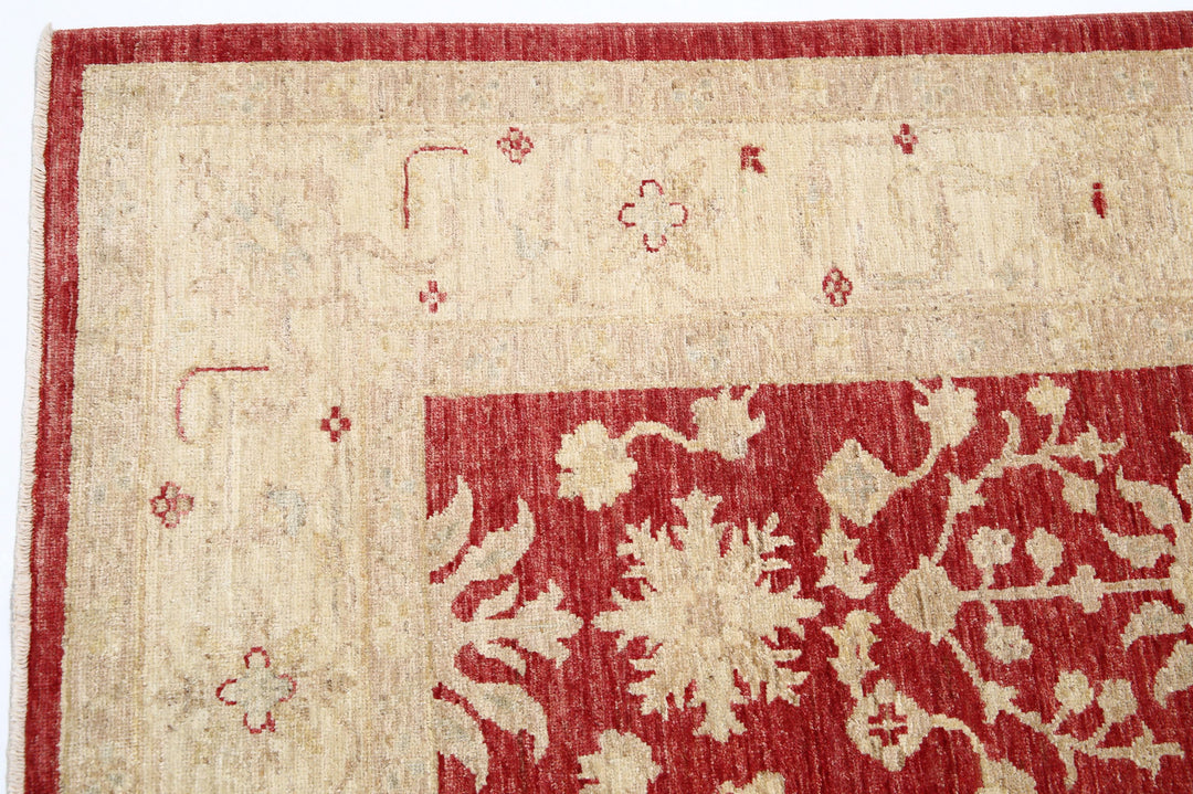 Red Afghan Ziegler Rug 5' 8" x 7' 10" Hand-Knotted close-up