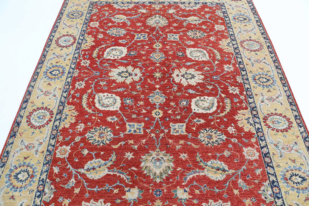 Red Afghan Ziegler Rug 5' 11" x 7' 11" Hand-Knotted detail