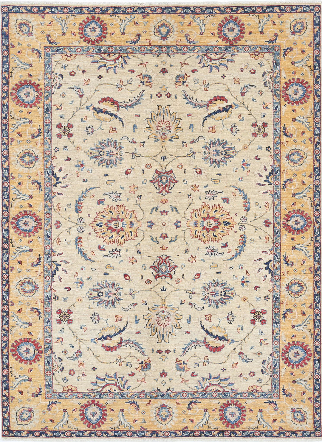 Ivory Afghan Ziegler Rug 5' 7" x 7' 1" Hand-Knotted