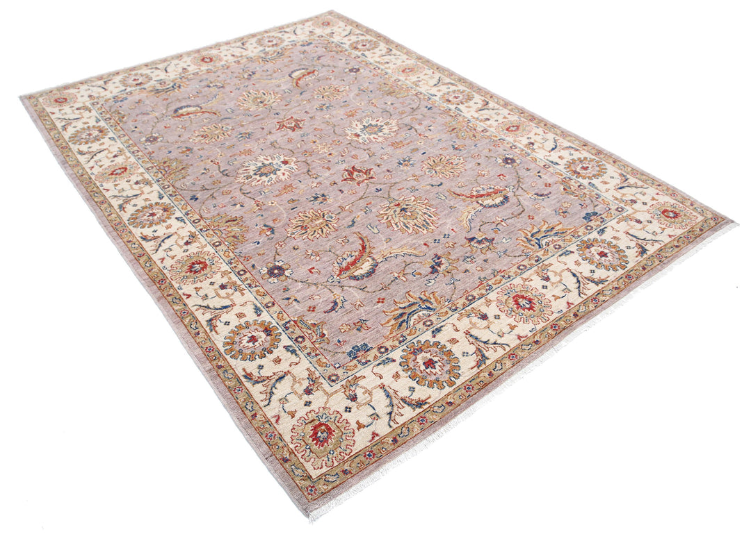 Grey Afghan Ziegler Rug 5'6" x 7'6" Hand-Knotted texture