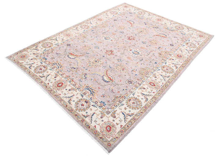 Grey Afghan Ziegler Rug 5'6" x 7'6" Hand-Knotted border