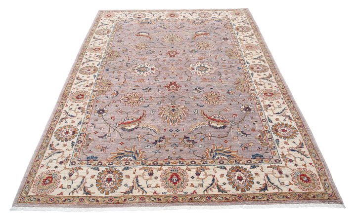 Grey Afghan Ziegler Rug 5'6" x 7'6" Hand-Knotted field