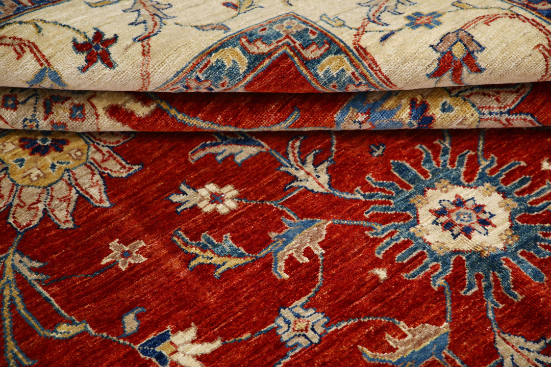 Red Afghan Ziegler Rug 5'6" x 7'8" Hand-Knotted texture
