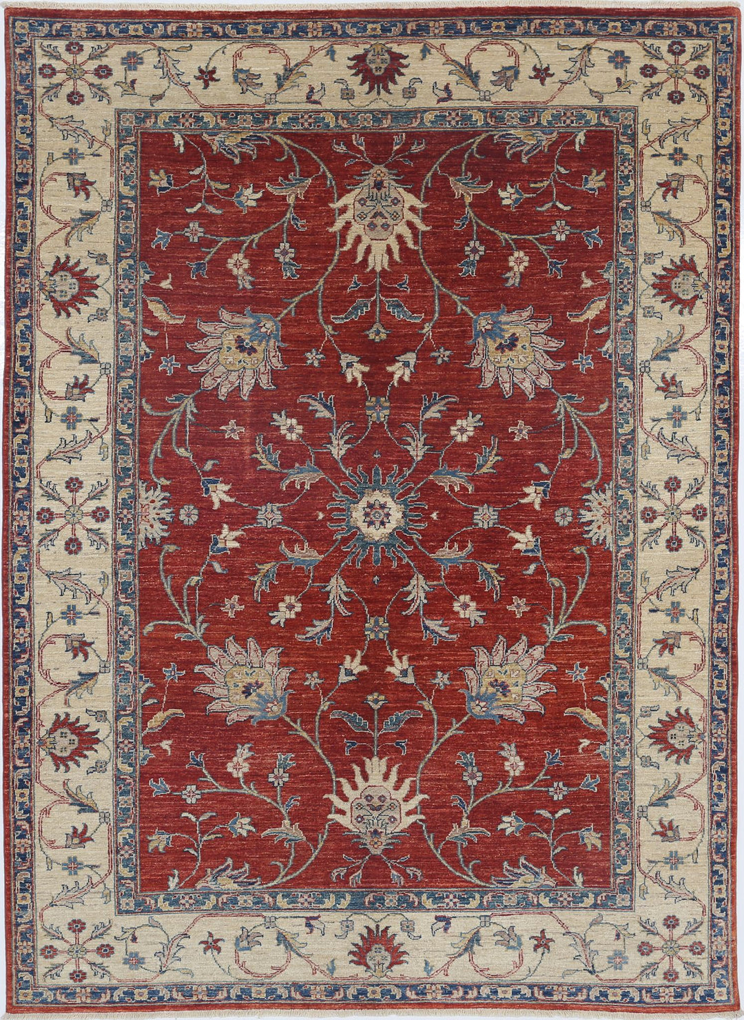 Red Afghan Ziegler Rug 5'6" x 7'8" Hand-Knotted