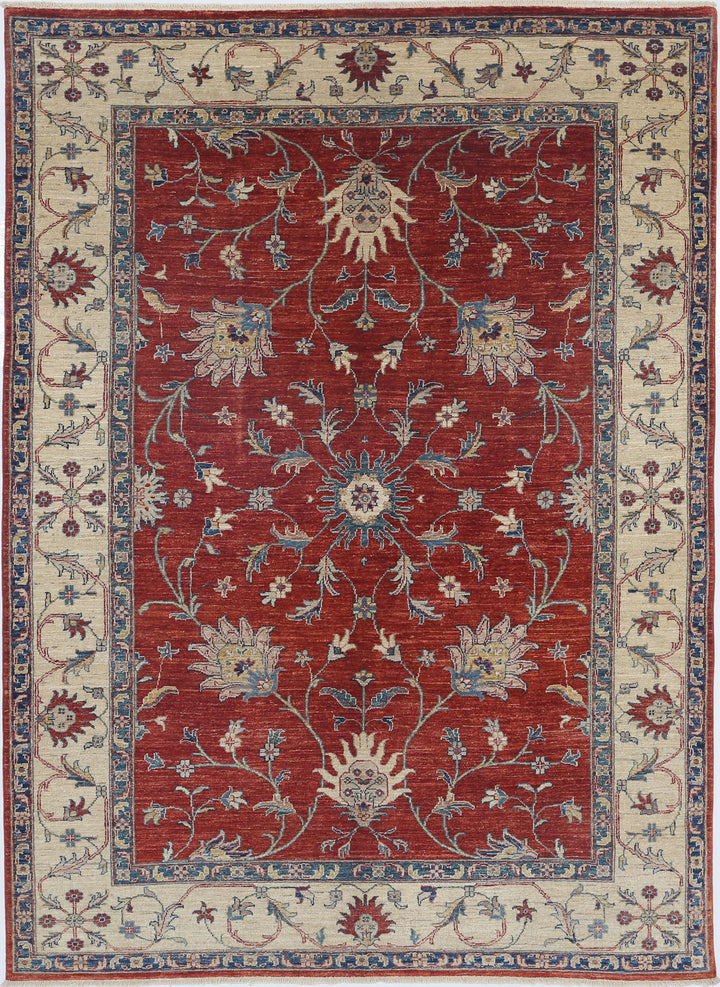 Red Afghan Ziegler Rug 5'6" x 7'8" Hand-Knotted