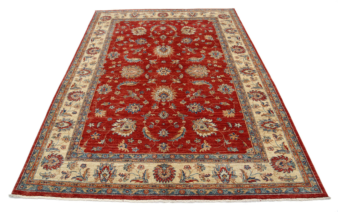 Red Afghan Ziegler Rug 5' 9" x 7' 10" Hand-Knotted border