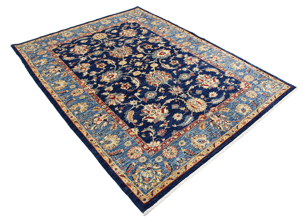 Blue Afghan Ziegler Rug 5' 9" x 7' 8" Hand-Knotted close-up