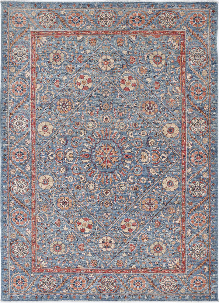 Blue Afghan Ziegler Rug 5' 8" x 7' 10" Hand-Knotted
