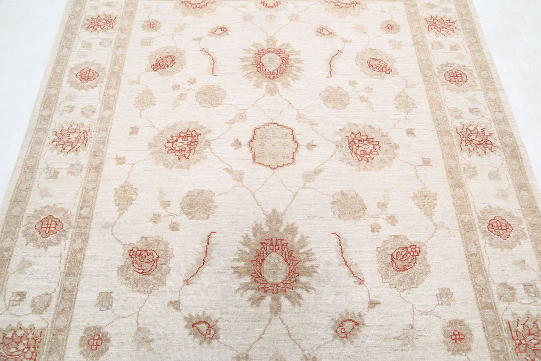 Ivory Afghan Ziegler Rug 4' 11" x 6' 2" Hand-Knotted | No. AT91601