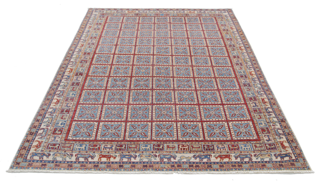 Blue Afghan Ziegler Rug 5' 5" x 7' 6" Hand-Knotted border