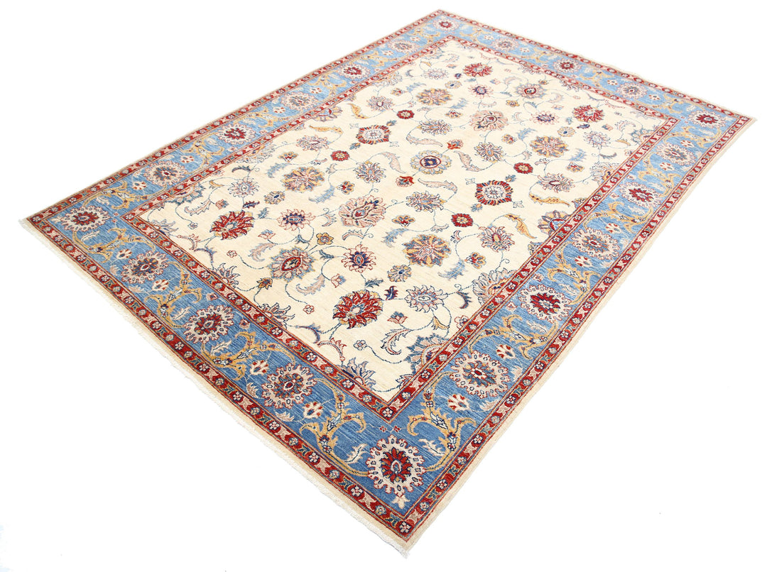 Ivory Afghan Ziegler Rug 5' 5" x 7' 8" Hand-Knotted close-up