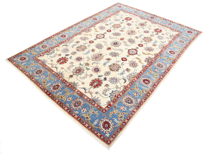 Ivory Afghan Ziegler Rug 5' 5" x 7' 8" Hand-Knotted close-up