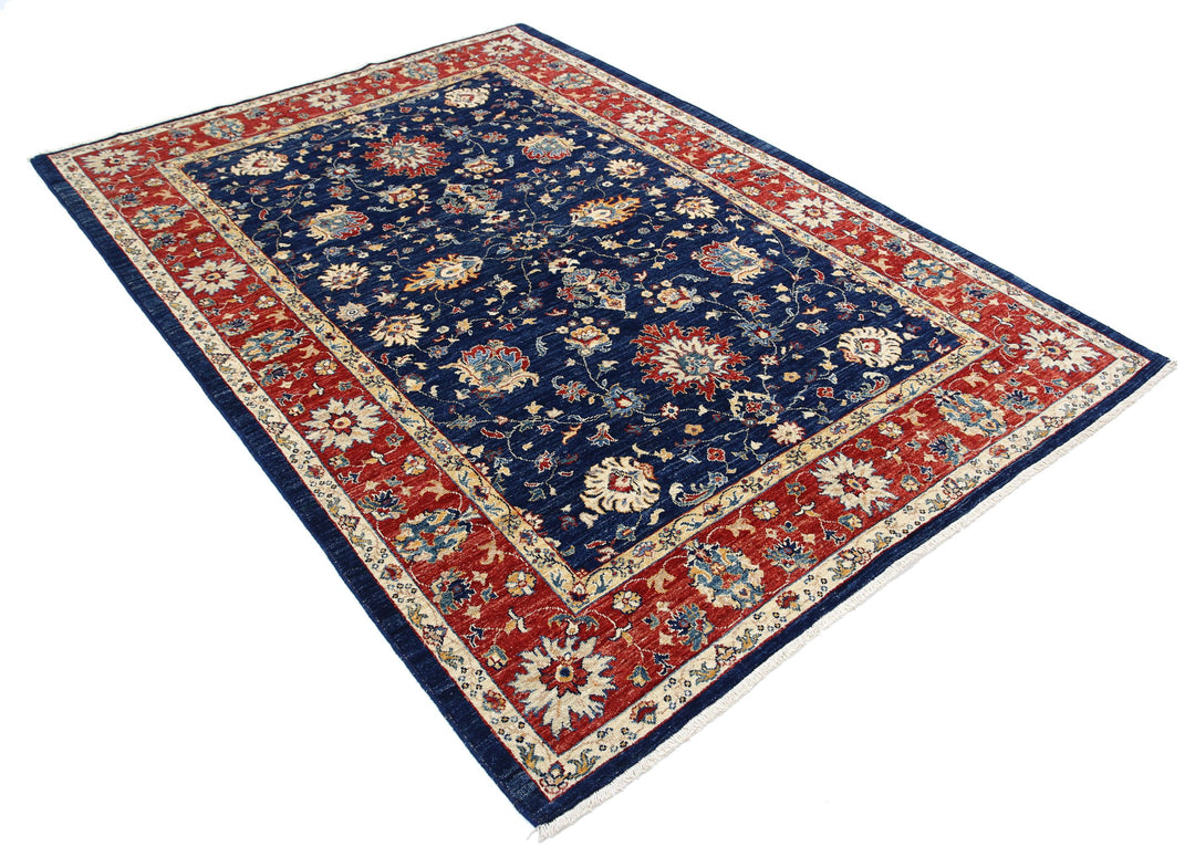 Blue Afghan Ziegler Rug 5' 7" x 7' 10" Hand-Knotted close-up
