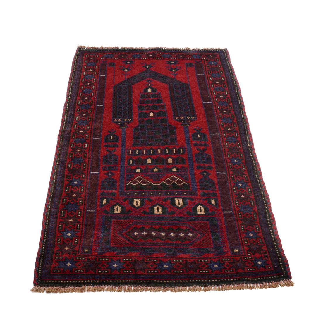 Red Afghan Prayer Rug 2' 7" x 4' 8" Hand-Knotted detail