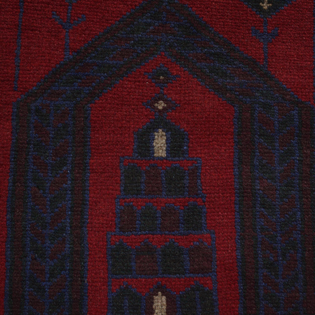 Red Afghan Prayer Rug 2' 7" x 4' 8" Hand-Knotted close-up