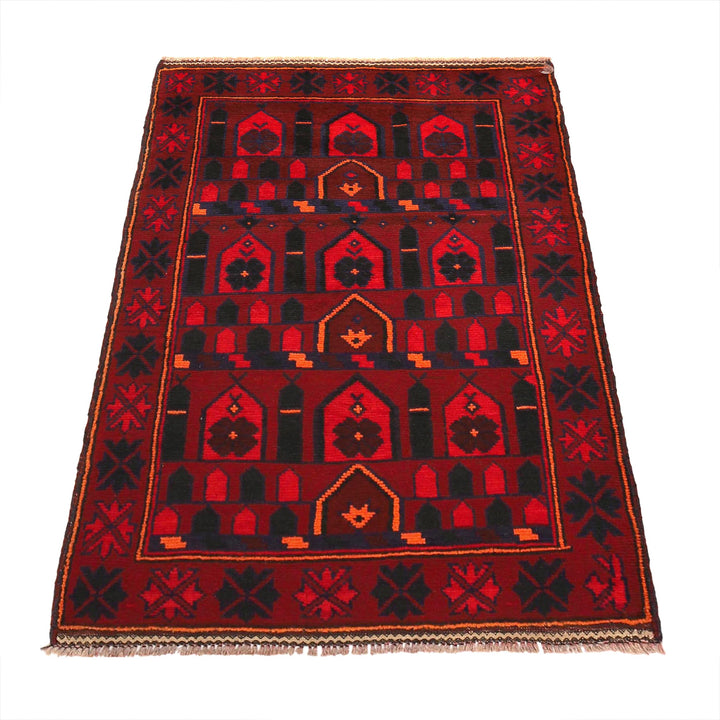 Red Afghan Prayer Rug 3' 1" x 4' 6" Hand-Knotted detail