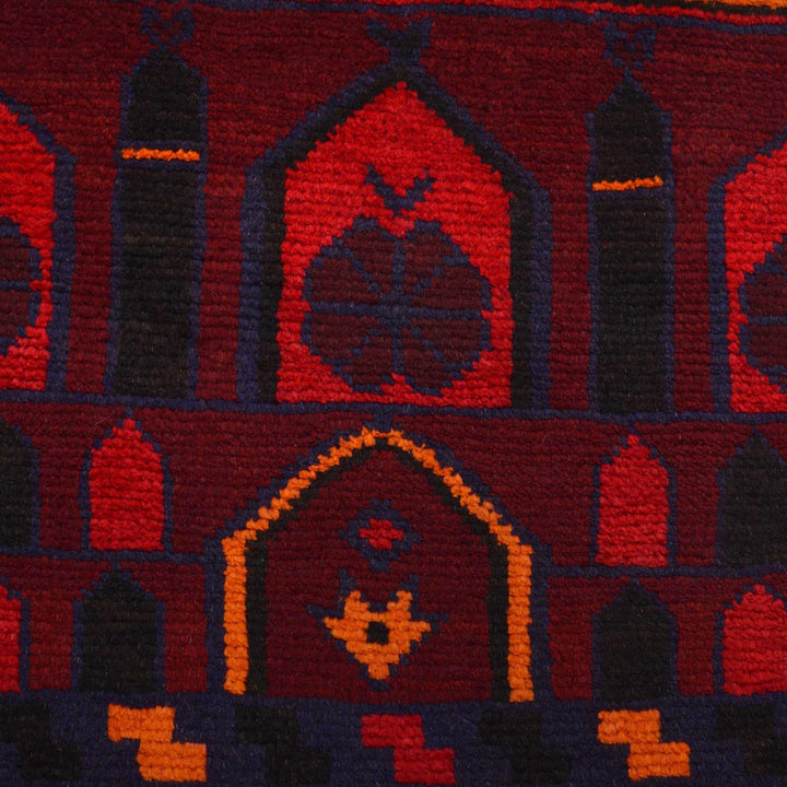 Red Afghan Prayer Rug 3' 1" x 4' 6" Hand-Knotted close-up