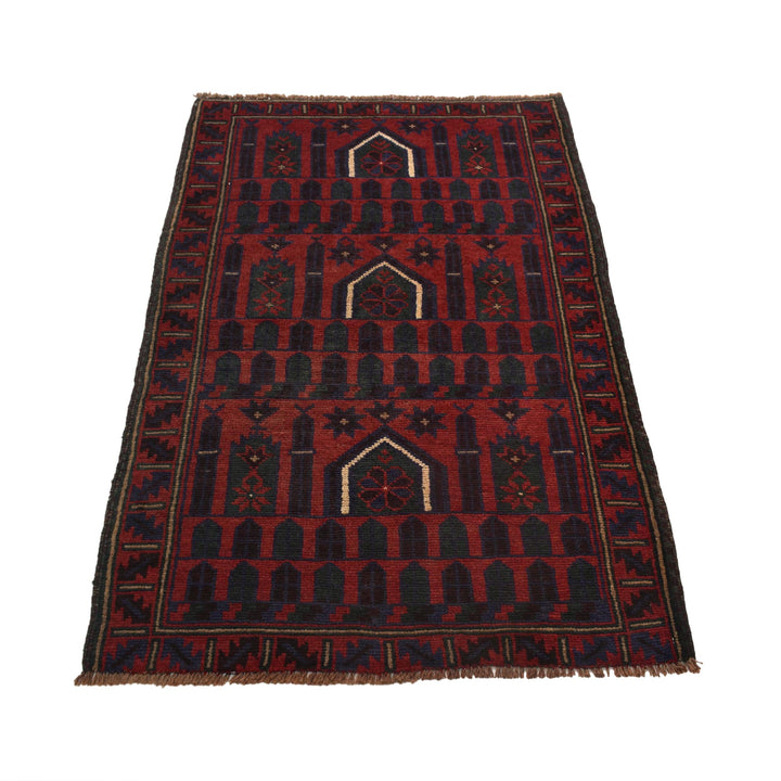 Red Afghan Prayer Rug 3' 0" x 4' 8" Hand-Knotted detail